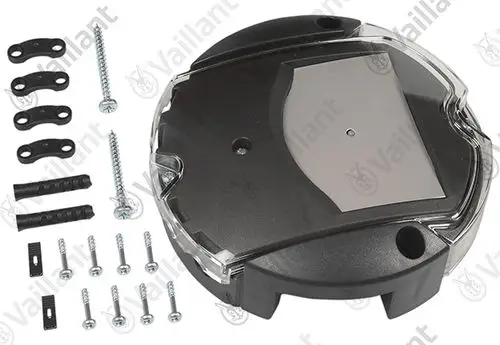 Vaillant Pumpensignalwandler mit transparentem Deckel, Schrauben, und Montagematerial. Zubehörteile auf grauem Hintergrund angeordnet.